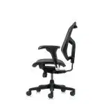 Black mesh office chair with casters.