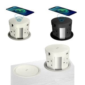 Pop-up power module, retractable power outlet, wireless charger, Silverman's Office Furniture.