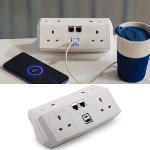 Power module, power outlet, USB charger, Ethernet port, desk organizer, cable management, Silverman's Office Furniture.