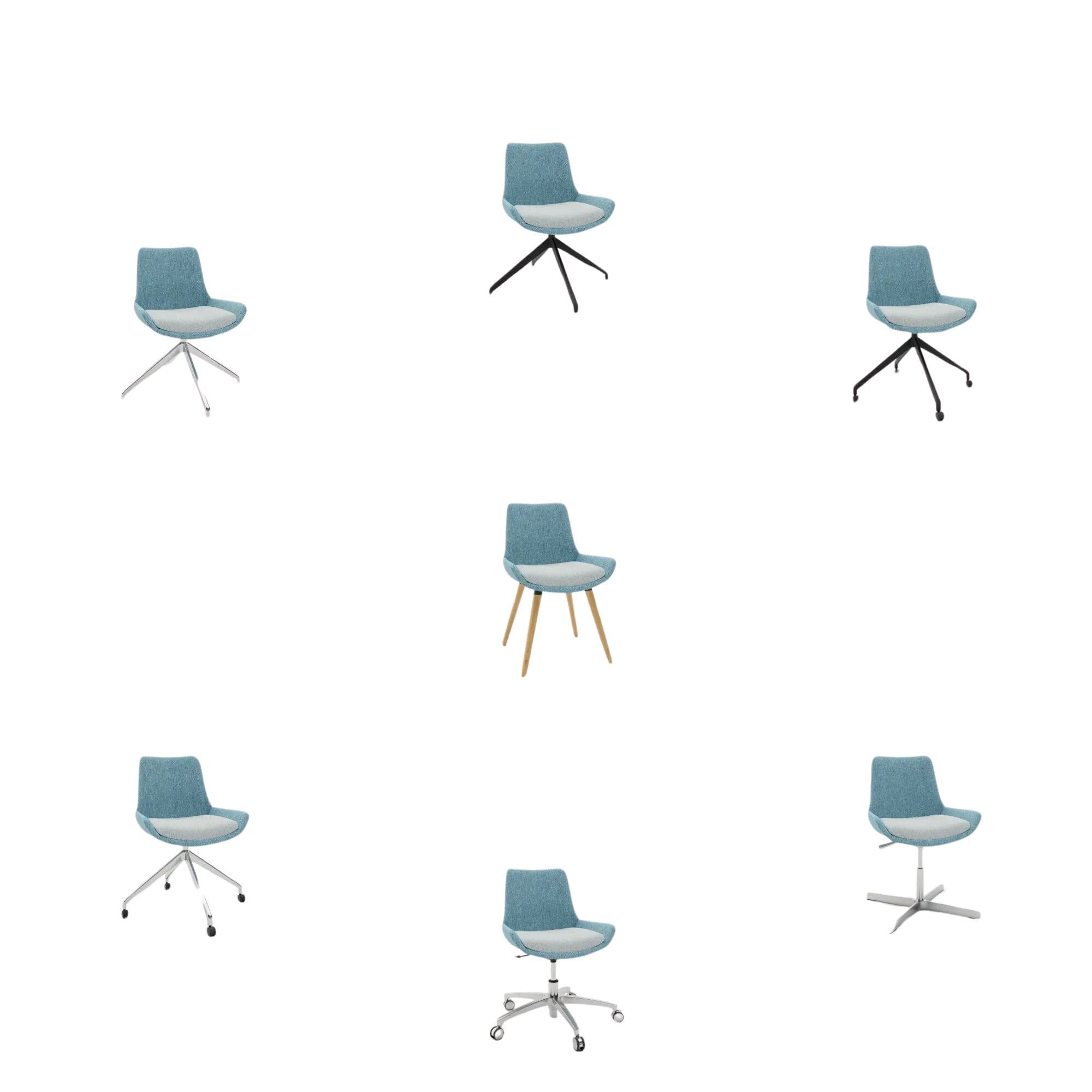 Collection of blue chairs with various bases.