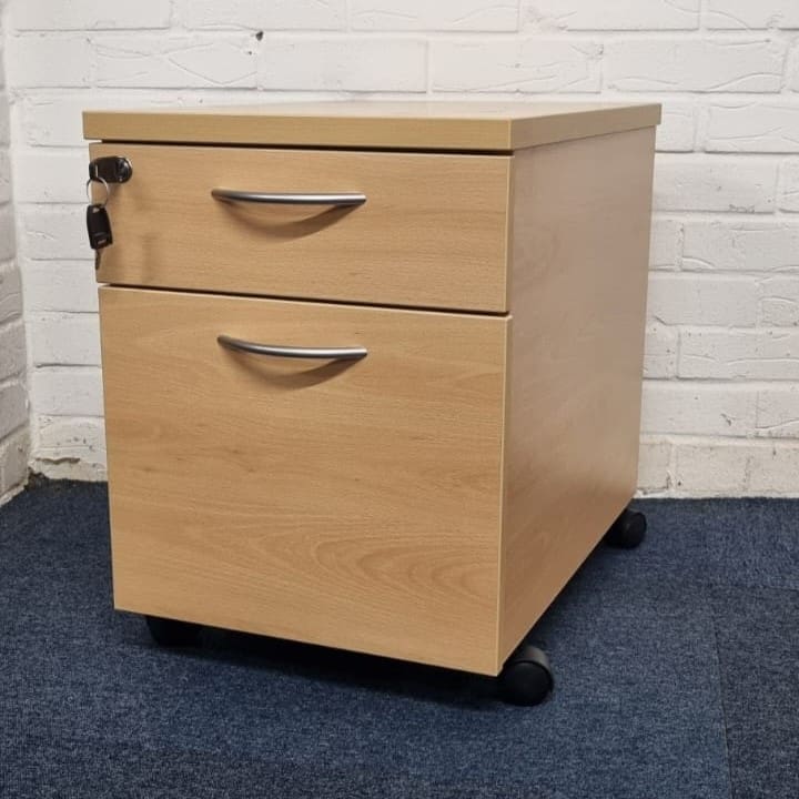Two-drawer wooden filing cabinet on wheels with a lock